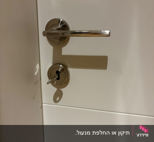 ידית ניקל וצילינדר עם מפתח מותקנים על דלת פנים לבנה
